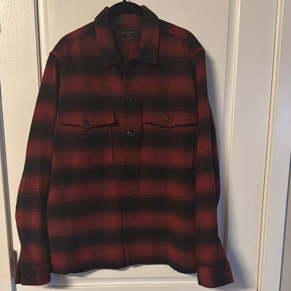 All Saints Red and Black Lightweight Plaid Shirt Jacket
